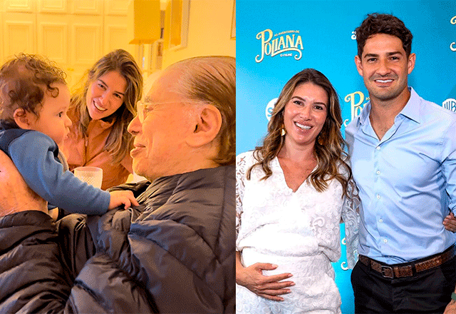 montagem de foto com silvio segurando um bebê ao lado de rebeca com foto de alexandre pato e rebeca abravanel